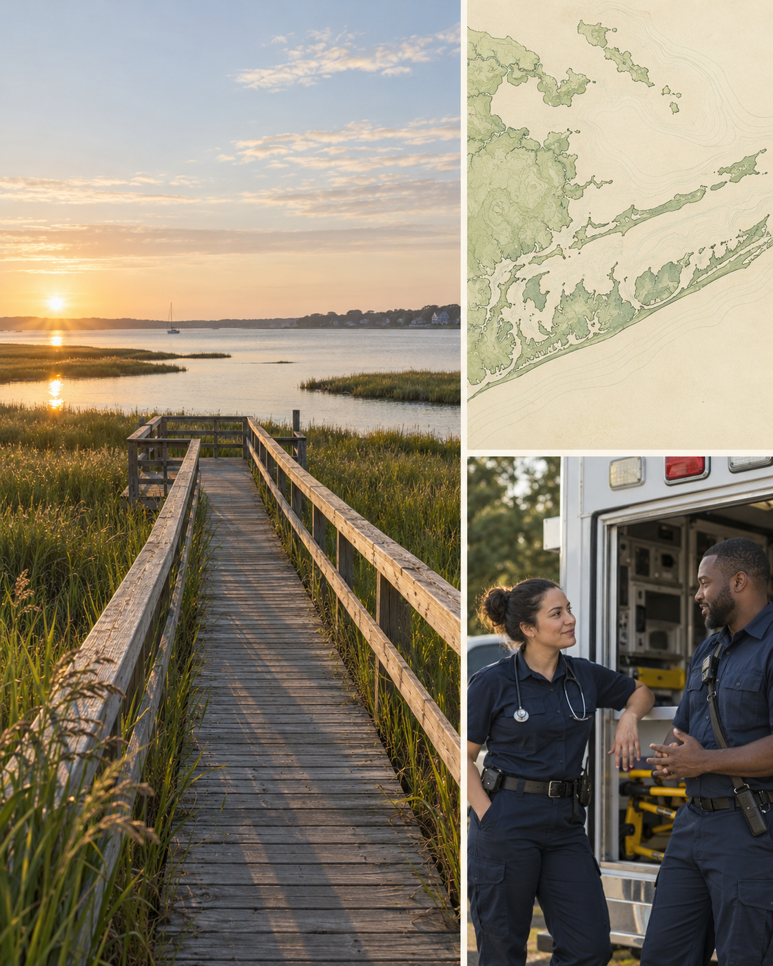 An illustrative collage of a coastal boardwalk, a map, and volunteer emergency responders.